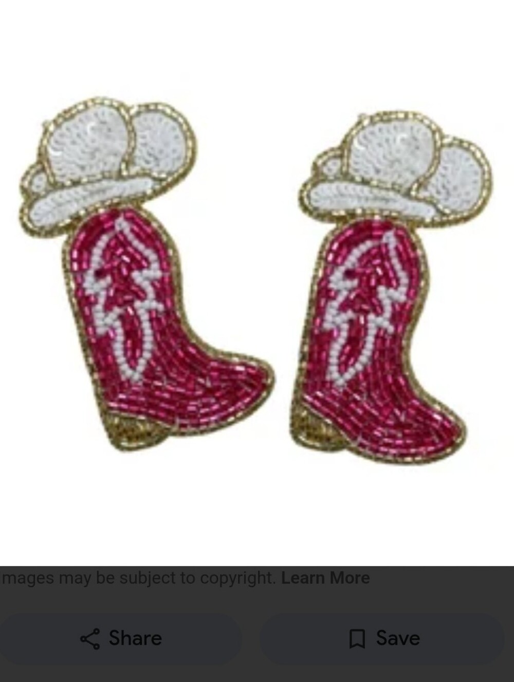 NWT Clairebella Pink Cowboy Boot & White Hat Beaded Statement Earring